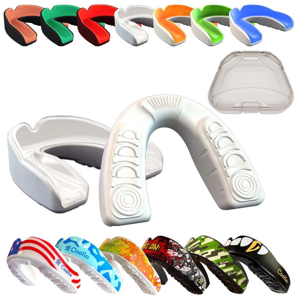 COOLLO SPORTS Boil and Bite Mouth Guard (Youth & Adult) DA Custom Fit Sport Mouthpiece for Football, Hockey, Rugby, Lacrosse, Boxing, MMA (Free Case Included!) (Trans. & White, Ages 10 & Below)…