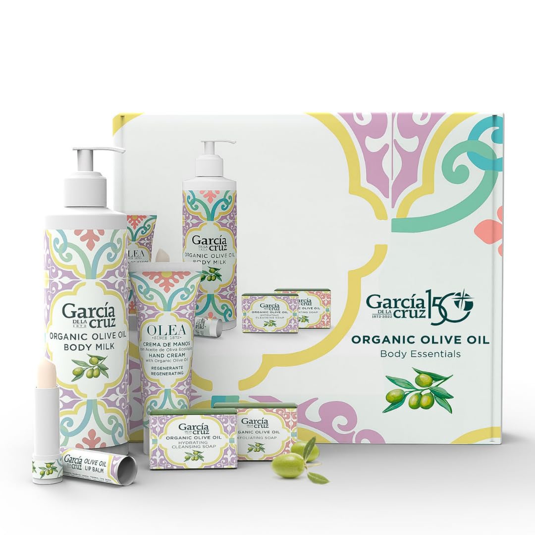 Olive Oil Body Essentials Kit by Garcia de la Cruz Extra Virgin Olive Oil Infused Skin Care Gift Set includes Body Milk, Lip Balm, Hand Cream, and 2 Soaps
