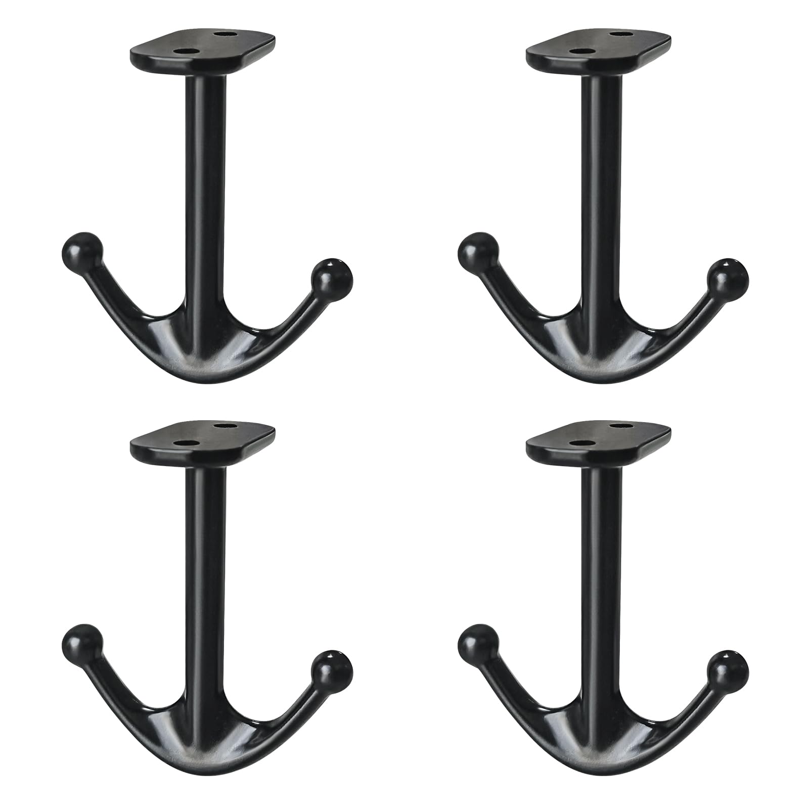 BAMI-LEE House Zinc Alloy Double Prong Ceiling Hooks, 4-Pack Under Shelf Coat Hooks Hanging Towel Robe Clothes Cap Bathroom Kitchen Cabinet Garage Use (Black)
