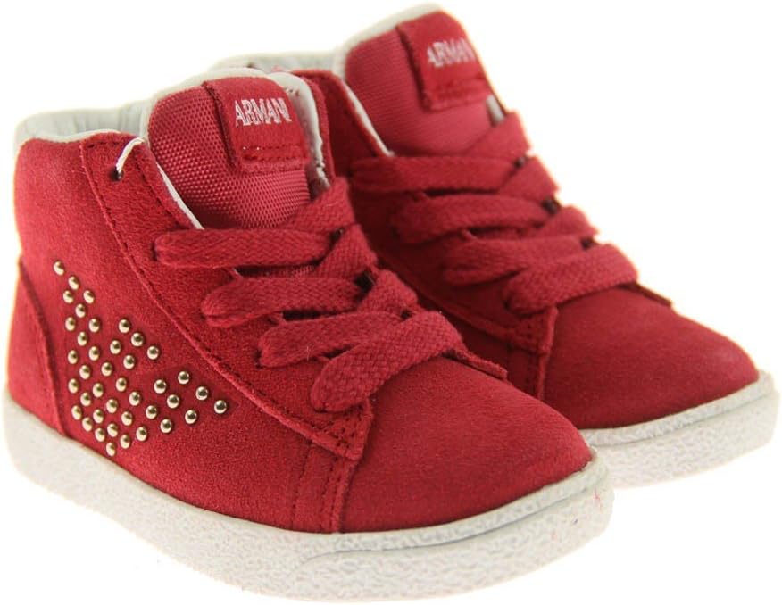 Armani Junior: Red Suede Trainers with Gold Studded Logo