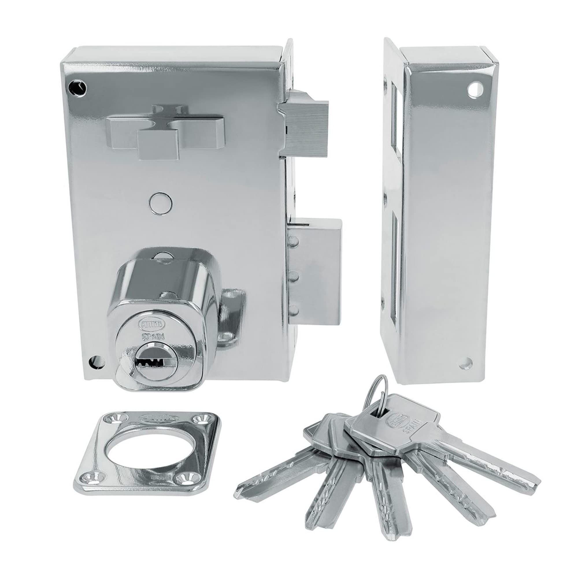 Amig 75 72 x 112 mm Round Security Cylinder Silver Steel Ratchet Lock with Latch and Handle for Wooden Doors