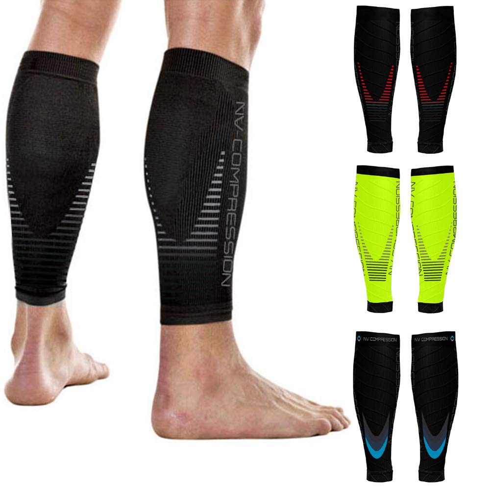 NV Compression Essential Race and Recover Calf Guards/Sleeves (PAIR) 20-30mmHg - For Sports Recovery, Shin Splints, Medical, Work, Flight - Running, Cycling, Gym (Fluo Yel/Black Stripes, S-M)