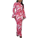 Women Sexy Long Sleeve Maxi Dress Mock Neck Mesh Print Bodycon Y2K Dress Elegant Cocktail Night Out Club Dresses