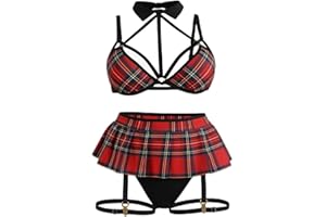 Minuit & Plus Women’s Plaid Lingerie Set 4pcs, Push-Up Bra, Mini Skirt with Garters, Classic Date Night Outfit