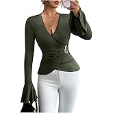 MakeMeChic Women's Bell Sleeve Blouses Wrap Ring V Neck Fitted Work Business Casual Tops