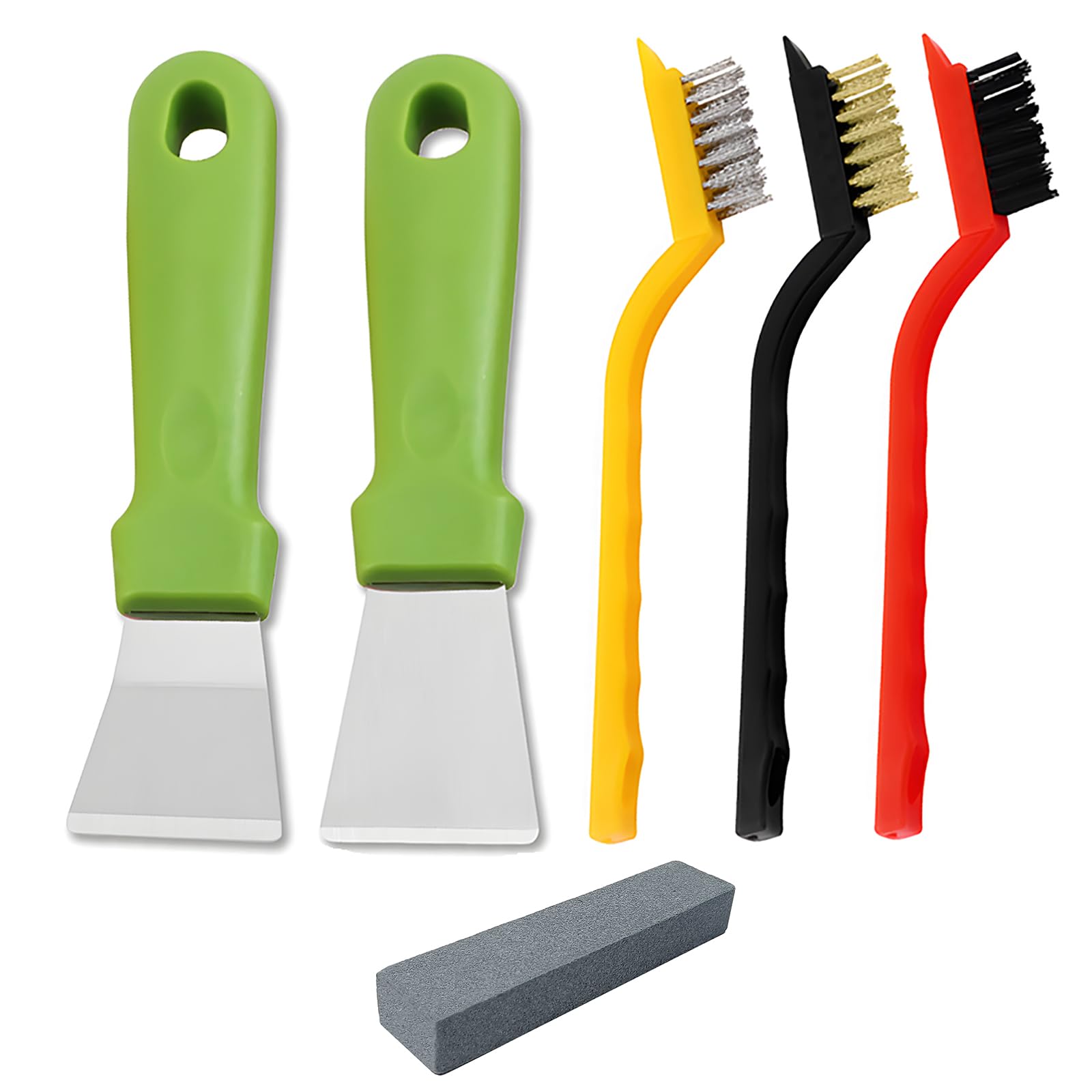 JXPXJMY 5PCS Cleaning Tool Set Including 2 Scrapers and 3 Brushes, Stainless Steel Multifunctional Scraper with Sharpening Stone for Stove Cookware Oven Floor Drain Refrigerator (Green)