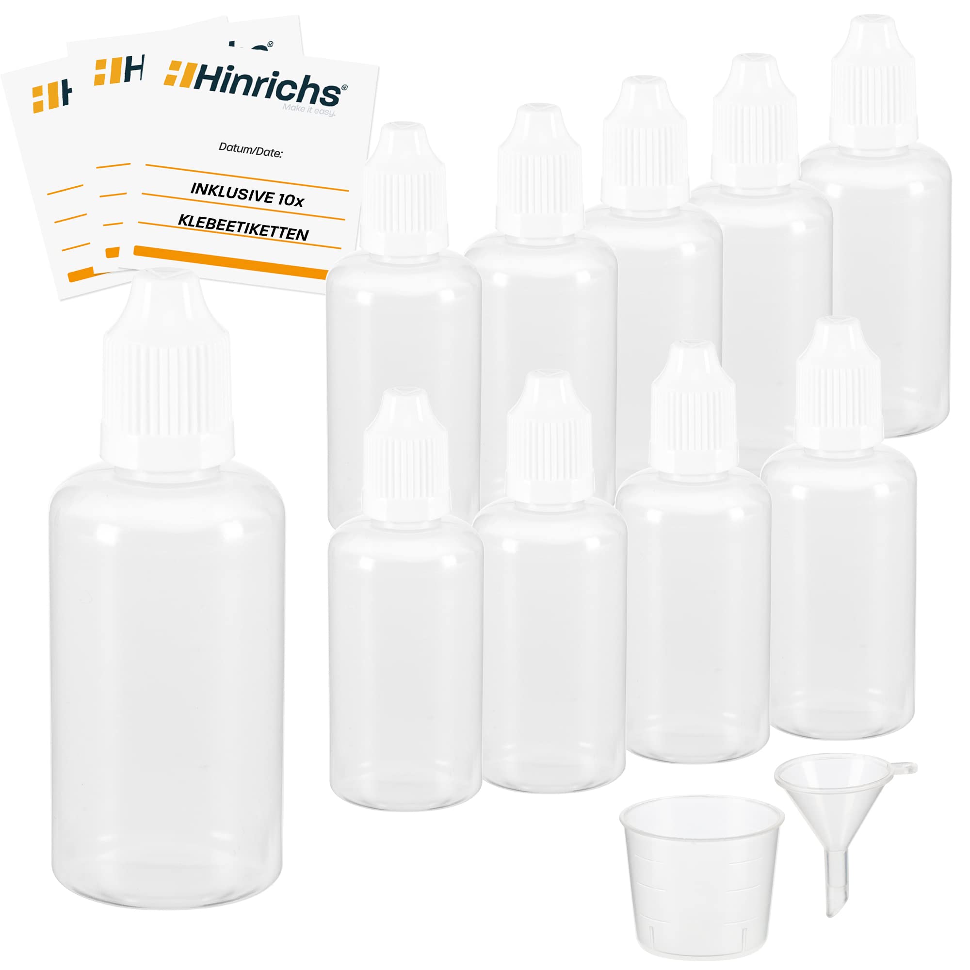 Hinrichs 10 x 50ml Plastic Squeeze Bottle - Small Squeeze Bottles - For Clean Dosing, Storage and Traveling - Screw Cap with Child Safety Lock - Squeeze Bottle Small - Drip Bottle