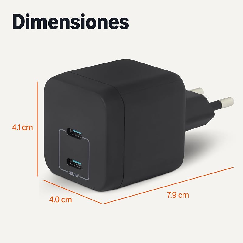 Cargador de Pared USB-C Nano GaN de Carga Rápida, 35W y 2 Puertos para Tablets y Teléfonos, Negro — foto 5 de 5