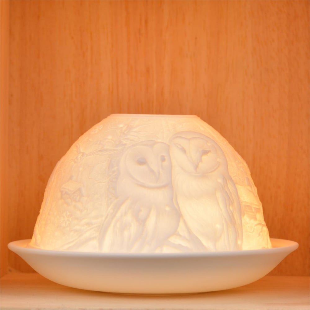 Nordic Light Tealight Candle Holder, Set of Shade & Plate, Owls Living, Dining Room Table, Home Decor Accessories-Porcelain-One Size, Finest unglazed, White Patterned