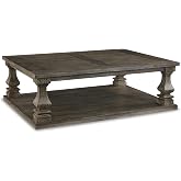 Signature Design by Ashley Large Farmhouse Coffee Table, Weathered Gray | Distressed rustic elm veneer, Spacious plank-effect top and lower storage shelf for easy organizing, Johnelle Series
