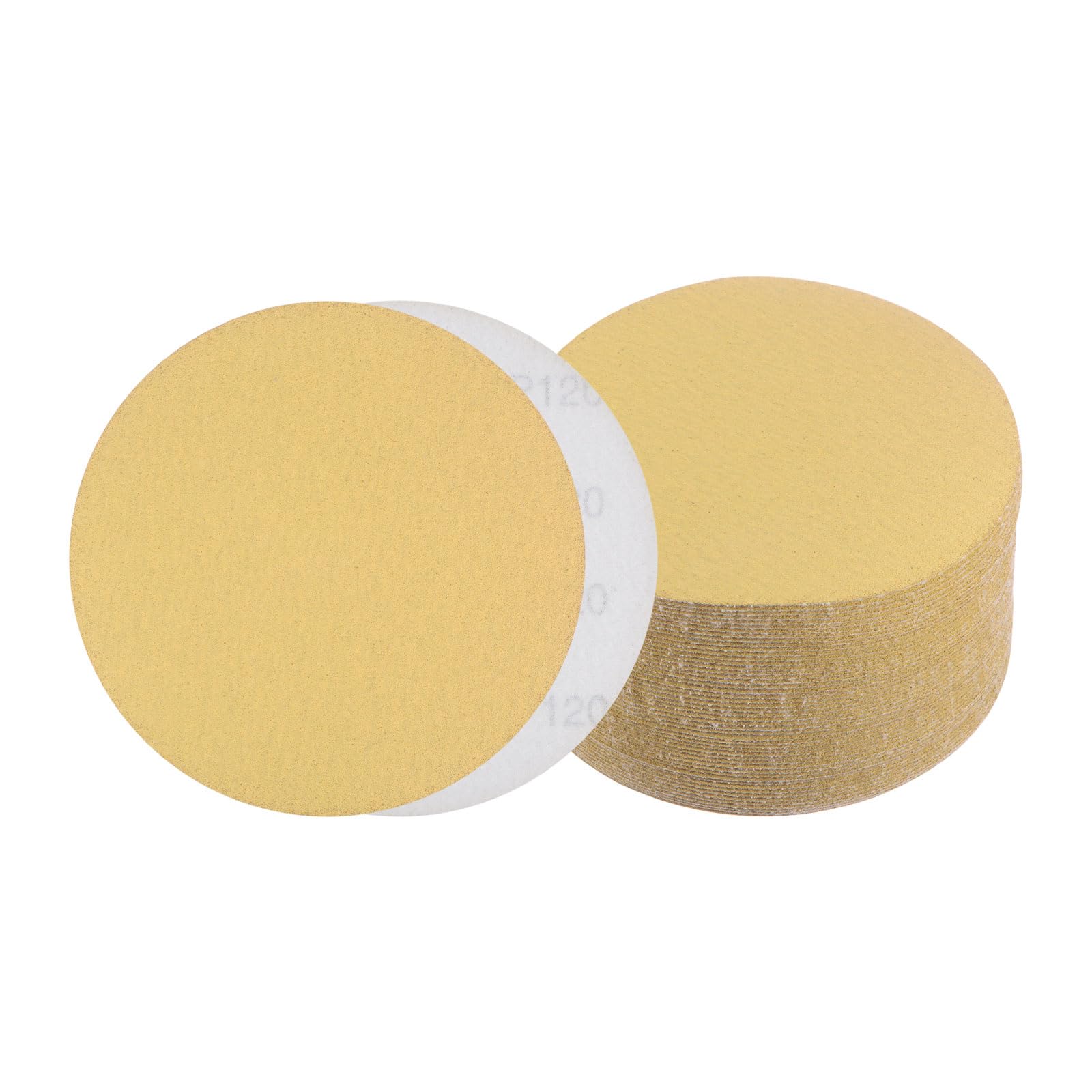 Kozelo 50pcs No Hole Sanding Discs- [ 6 Inch 120 Grit ] Round Hook and Loop Grip Sanding Pads Sheet Sandpaper for Automotive Woodworking Metal Polishing Use| Gold, Aluminum Oxide