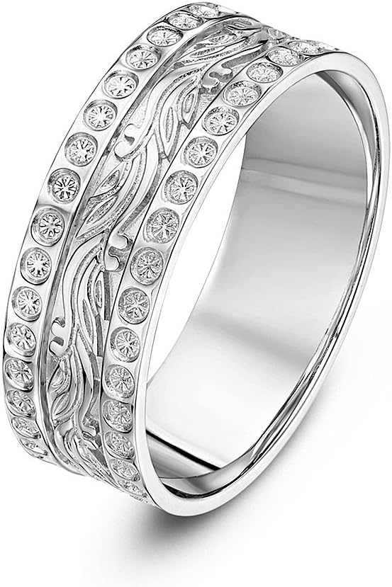 Theia 9ct White Gold Leaf/Diamond Like Design 6mm Wedding Ring