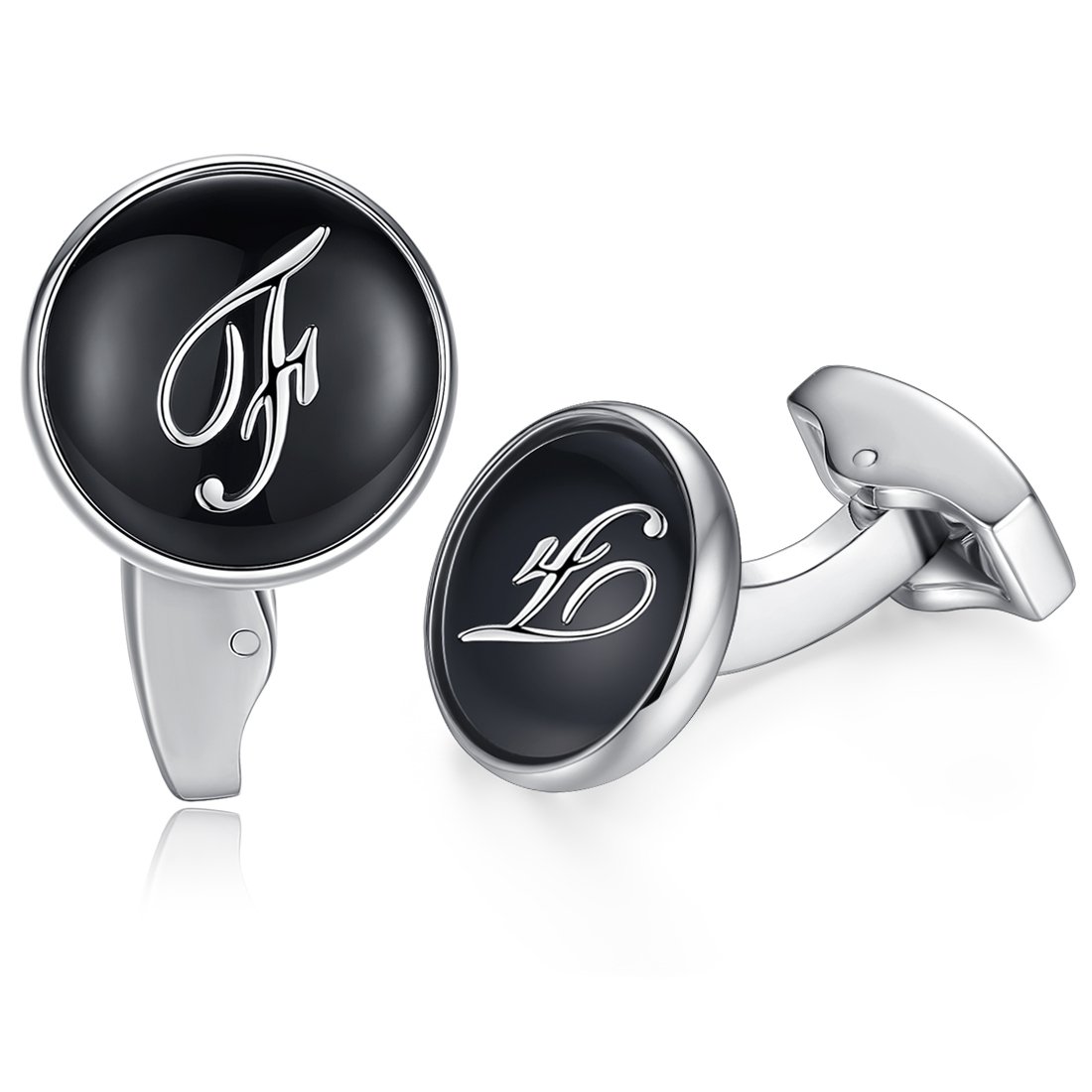 HONEY BEAR Initial Alphabet Letter Cufflinks for Men, Black Round Shape Wedding Business Gift A - Z (F)