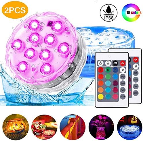 Submersible Led Lights,Waterproof Underwater Light,2 Pack Pool RGB Light with Remote Control Pond Lighting Set for Vase Base, Bath Tub,Aquarium,Halloween Party Decoration [Energy Class A++]