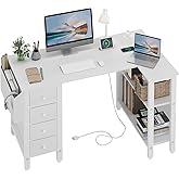 Lufeiya White L Shaped Computer Desk with Drawers &amp; Storage Shelves, 47 Inch Corner Reversible Desk with Power Outlet for Home Office Bedroom, L-Shaped Teen PC Desks with Fabric Drawer, White