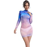 COSDOLY Women's 10D Sheer Nylon Spandex Starry Sky Print Mock Neck Long Sleeve Bodycon Dress - See-Through Party Clubwear