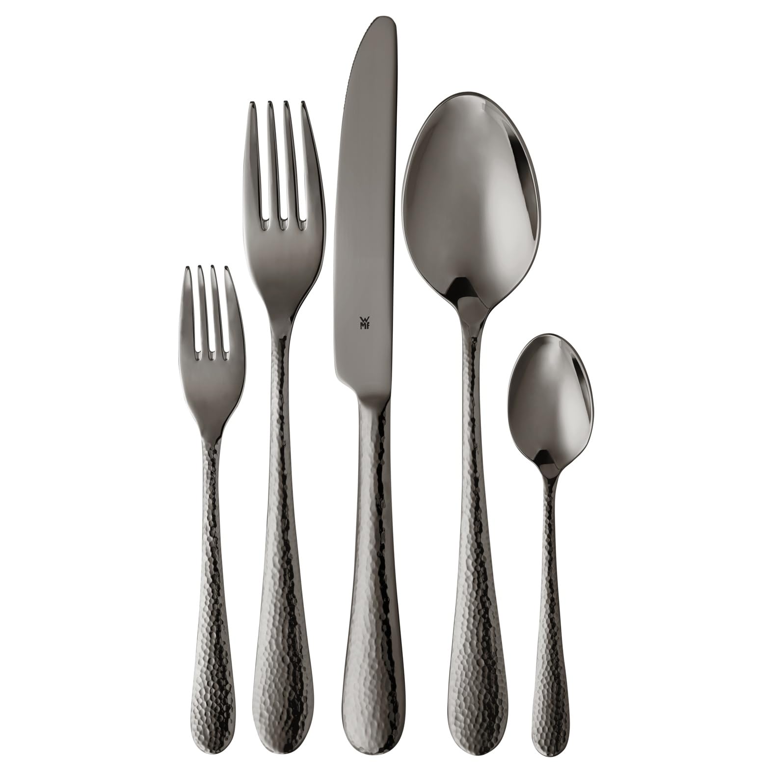 WMF Sitello Besteck Set 6 Personen, Midnight-Edition, Essbesteck Set 30 teilig, Monobloc-Messer, Cromargan Edelstahl poliert, Hammerschlag, ergonomisch, glänzend