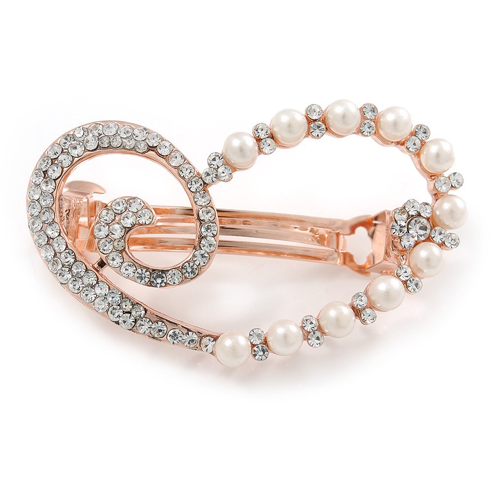 Clear Crystal, Glass Pearl Open Assymetrical Heart Barrette Hair Clip Grip In Rose Gold Tone - 50mm Across