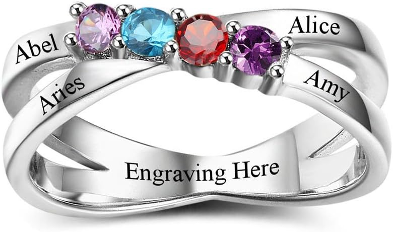 Lam Hub Fong Personalized Rings for Mother's 4 Simulated Birthstones Rings Customized Mother's Day Rings Engraving Name Rings for 4
