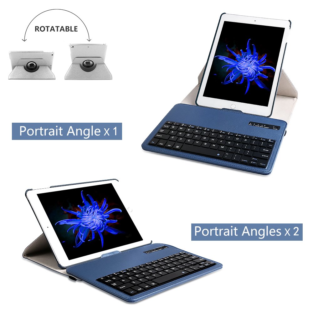 Keyboard Case iPad 9.7(6th Gen, 5th Gen) - iPad Air 2&1 - iPad Pro 9.7-360 Rotating - Detachable Keyboard - PU Leather Stand - iPad Case with Keyboard, (Blue, 9,7)