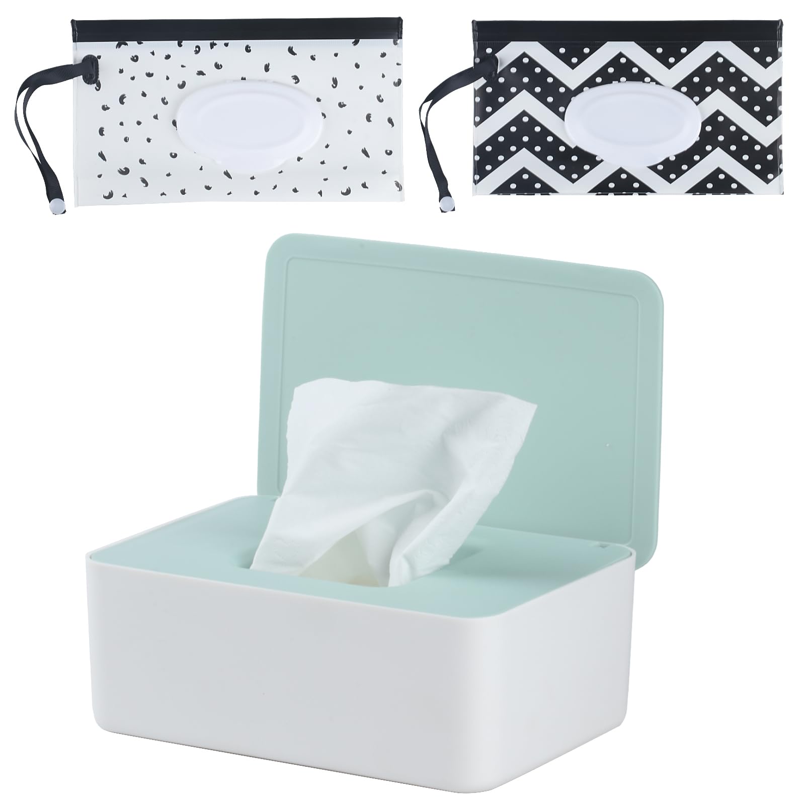 Wet Wipes Storage Box, Wet Wipes Box, Wipes Dispenser Holder Case Boxes, Toilet Tissue Paper Napkin Container Box with Lid for Home Office Desk - Green (Green+2 Wet Wipes)
