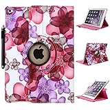 iPad Air 2 Case - E LV iPad Air 2 Case Cover SHOCK ABSORPTION (ROTATING STAND) PU LEATHER Case Cover for iPad Air 2 - [FLOWER PURPLE]