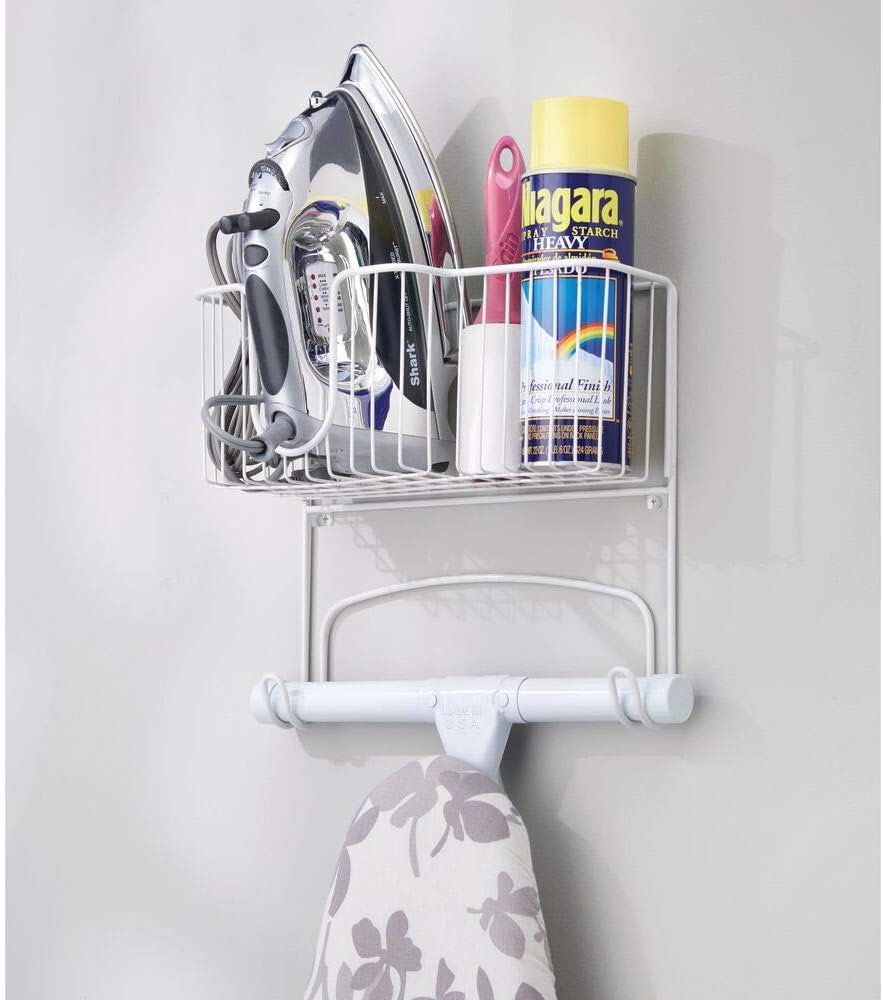 mDesign Wall Mounted Ironing Board Holder - Steel Ironing Board Rack for Easy Organisation - Includes Basket for Iron Storage - White - Image 3