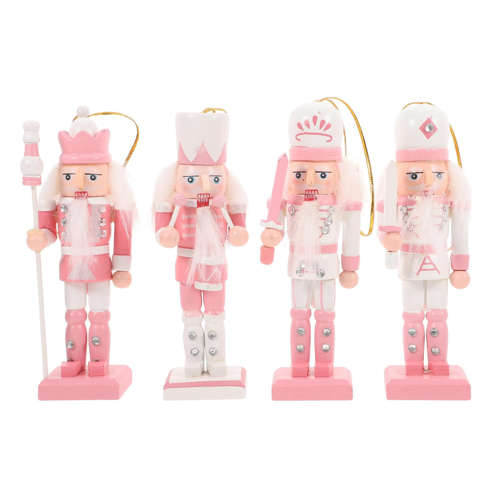 4Pcs Christmas Nutcrackers Figurines, Small Wooden Nutcracker Pink Hanging Nutcrackers Decorations Christmas King Soldier Figures With Ropes for Xmas Party Home Decor (4.7inch)