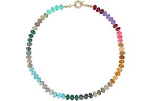 QITIAN Beaded Gemstone Necklace for Women, Colorful Boho Bead Choker Necklace Natural Stone Freshwater Pearl Surfer Beach Necklace 14K Gold Plated Summer Handmade Jewelry Gifts