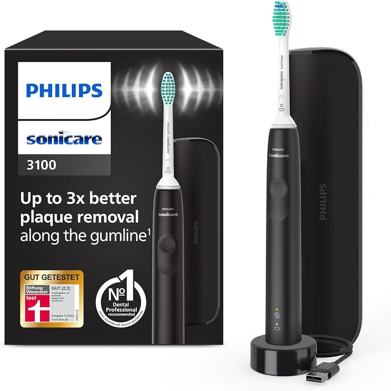 Sonicare 3100 elektrische Zahnbürste, Schallzahnbürste, Andruckkontrolle und Timer, Reiseetui, Schwarz, HX3673/14