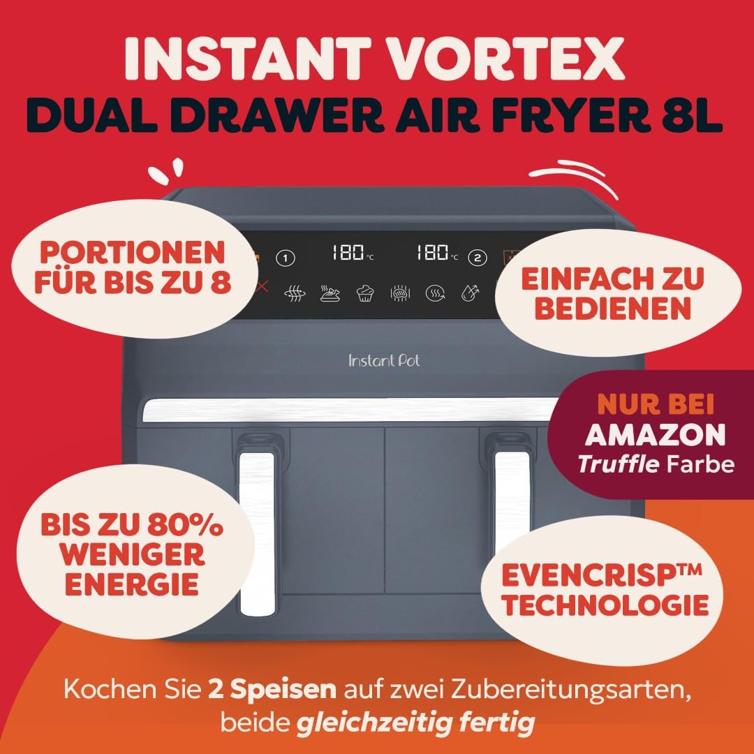Instant Pot - Vortex Dual Trüffelgrau-Heißluftfritteuse - Groß, 8 l, Familiengröße, zweifach, doppelte 4-l-Körbe, 8 in 1 - Dörren, Grillen, Backen, Braten, Antihaftbeschichtung, Spülmaschinenfest 2