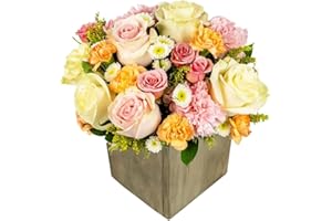 Champagne Dreams in Wooden Vase | Peach, Cream Aquabloom | Arabella Bouquets | Real Fresh Flowers for Delivery, Gift for Birthday, Congratulations, Anniversary, Thank You, Mother's Day