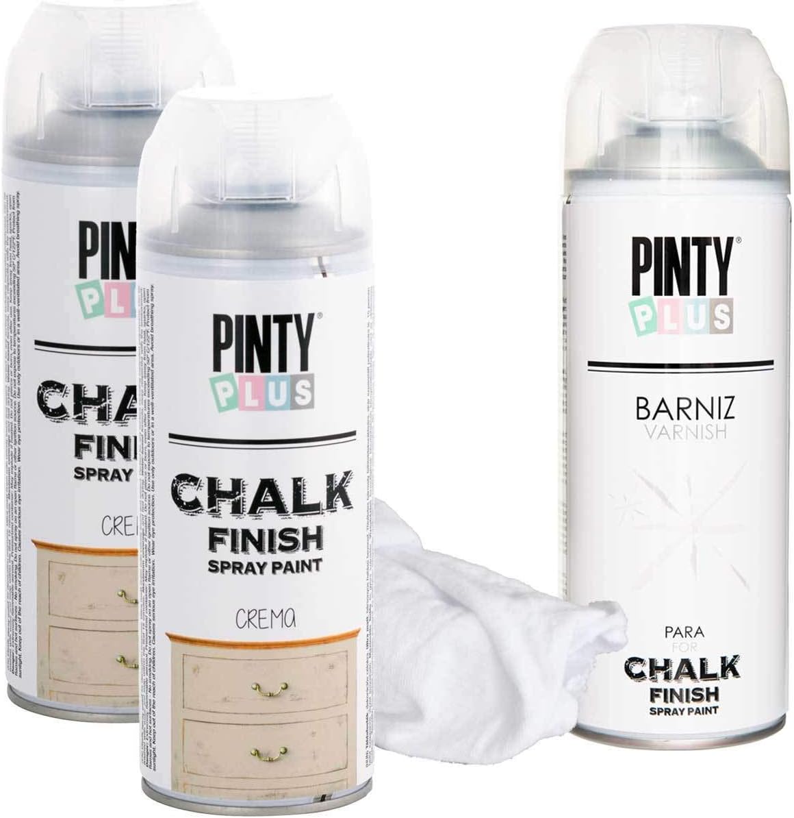 Chalk Finish Spray Paint Kit, 2 Cans Color, 1 Can Spray Varnish (Matte Finish), & Cleaning/Polishing Cloth (Cream)