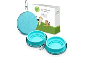 KALLAK Collapsible Silicone Twin Dog Bowls with Zipper Silicone Case, 2 in 1 Portable Travel Dog Bowls, Pop Out Dog Bowl, No Spill Non-Skid Pet Food and Water Feeder Bowl with Carabiner Clip