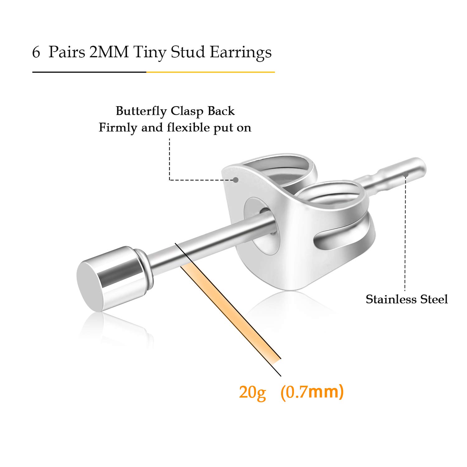 UHIBROS Hypoallergenic Stainless Steel Stud Earrings 2mm Tiny Ear Studs for Women Man 18K White Gold Plated 6 Pairs