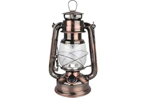 WISHOMEE Vintage LED Hurricane Lantern, Warm White Battery Operated, Antique Metal Hanging Lantern with Dimmer Switch, 15 LEDs, 150 Lumen for Indoor or Outdoor Use (Copper)