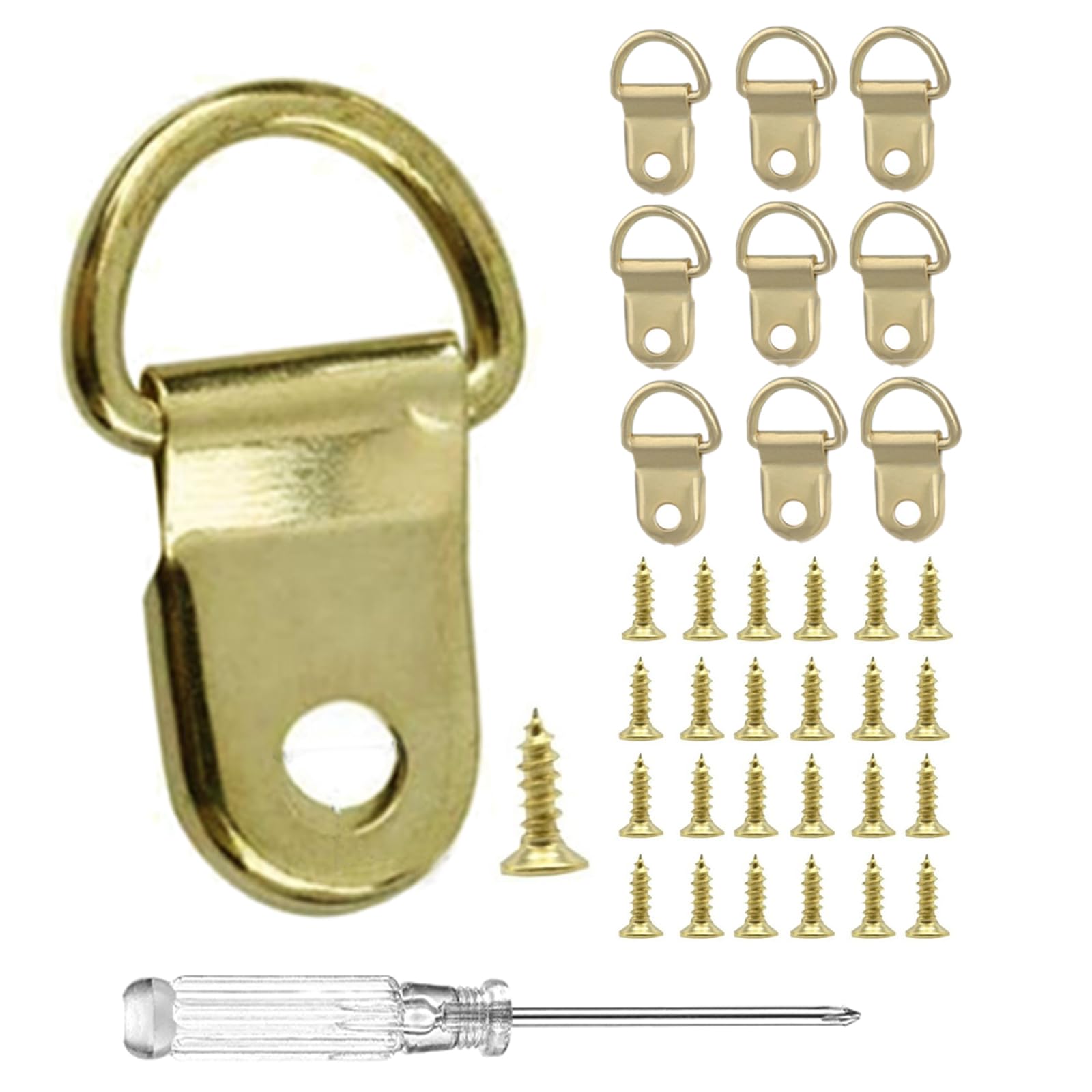 YHYZ D Ring Picture Frame Hanging Hooks (50 Sets ), Gold Picture Hangers X 50pcs + Srews X 50pcs + Screwdriver, for Pictures Canvas Painting Mirror Art Crafts Clock