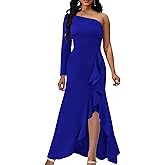 Women's Sexy One Shoulder Long Sleeve Cocktail Dresses Bodycon Ruched Wrap Split Party Formal Long Dress