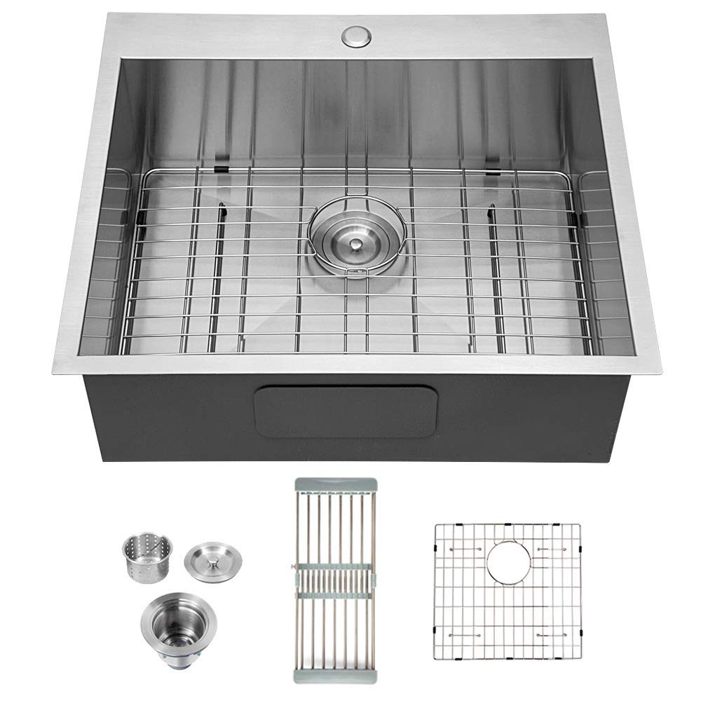 Logmey LMT2522 Luxury 25"x22" Drop-in Topmount Single Bowl 18 Gauge Stainless Steel Kitchen Sink