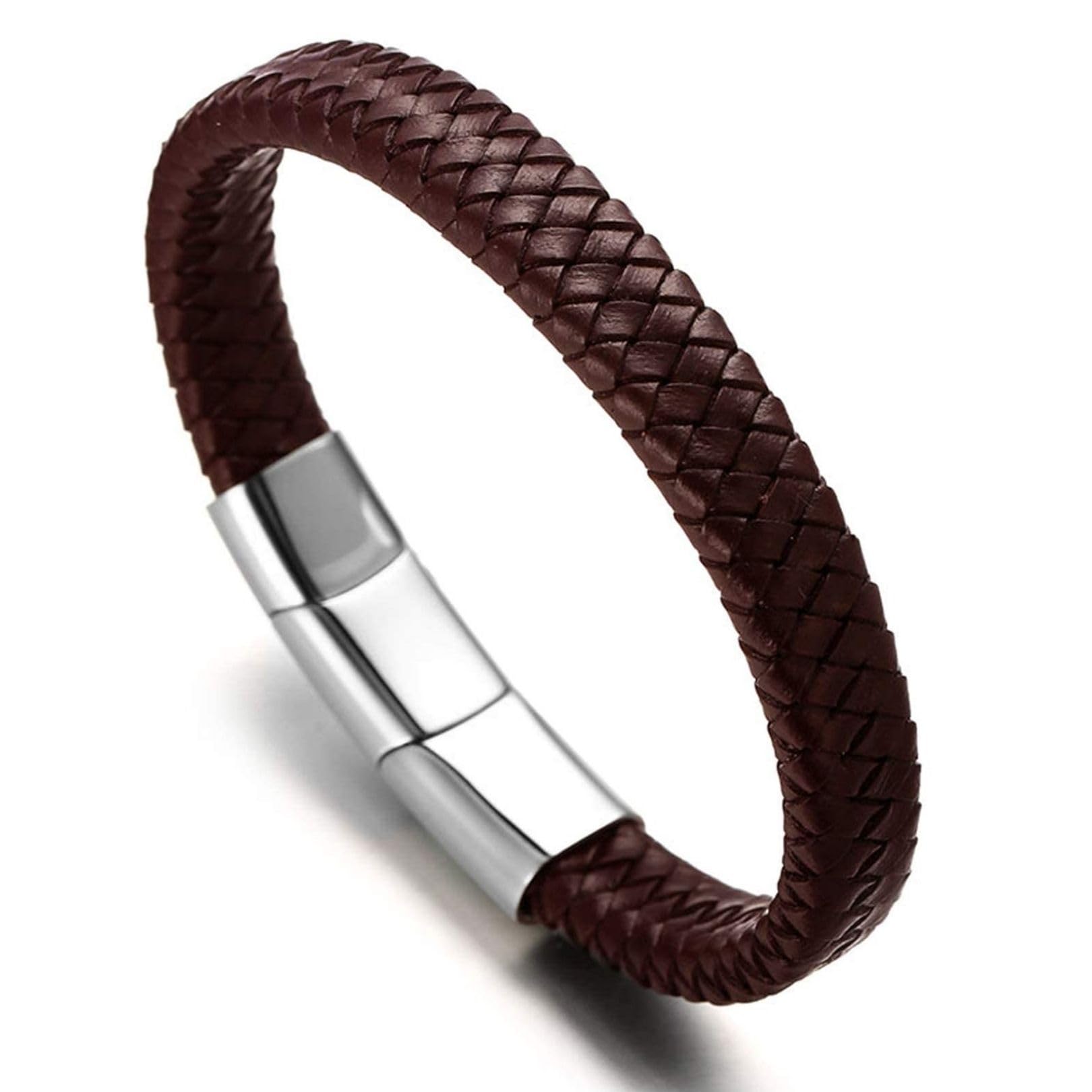 HALUKAKAH Plus ● Solo ● Men's Genuine Brown Leather Bracelet Classic Style Titanium Magentic Clasp Size Adjustable 8.46"-9"(21.5-23cm) with Free Giftbox