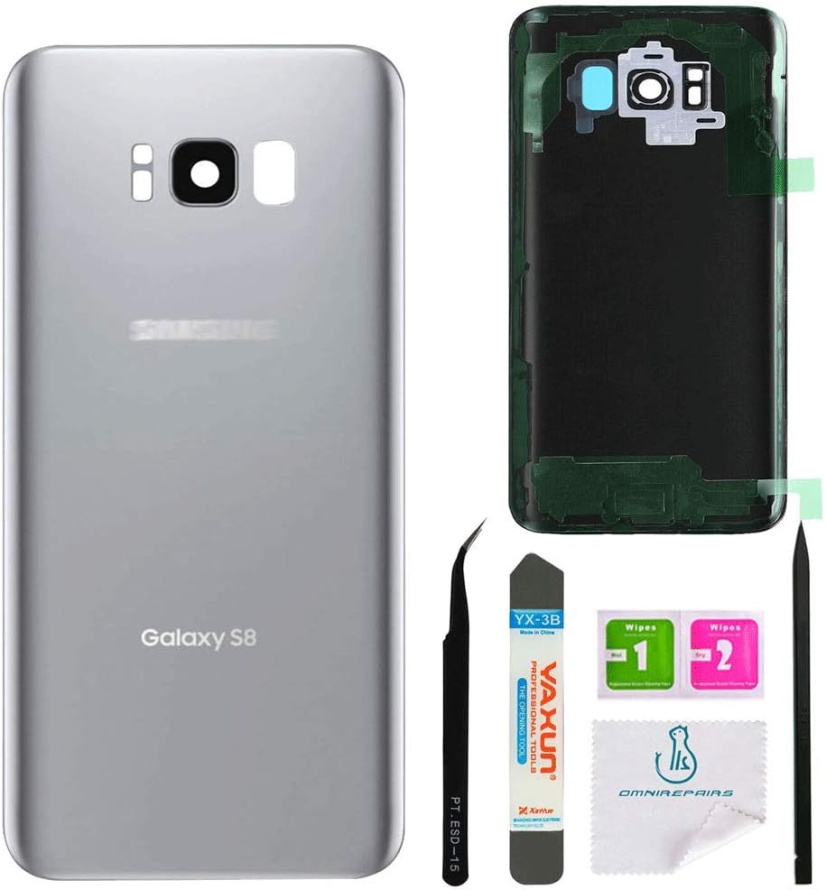 OmniRepairs Rear Back Battery Glass Door Cover Replacement Compatible for Samsung Galaxy S8 G950 (All Models) with Adhesive and Repair Toolkit (Arctic Silver)