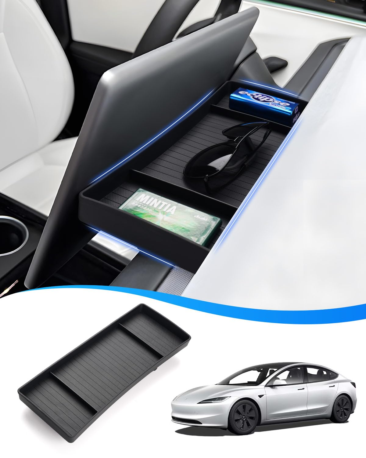 Photo 1 of Shademax 2025 Tesla Model 3 Highland Behind Screen Storage Tray Hidden Dashboard Hidden Box Center Console Organizer Fit for Tesla Model 3 Accessories 2024 2025 2026 Non-Slip Sunglasses Tissue (Black)