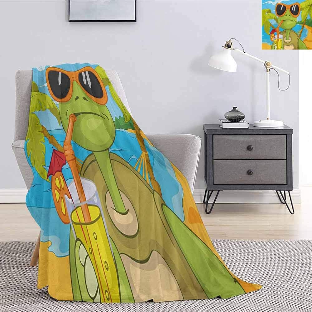 Turtle Children's Blanket Cool Sea Turtle with Sunglasses Drinking Cocktail at The Beach Cartoon Lightweight Soft Warm and Comfortable W60 x L50 Inch Green Orange Pale Blue