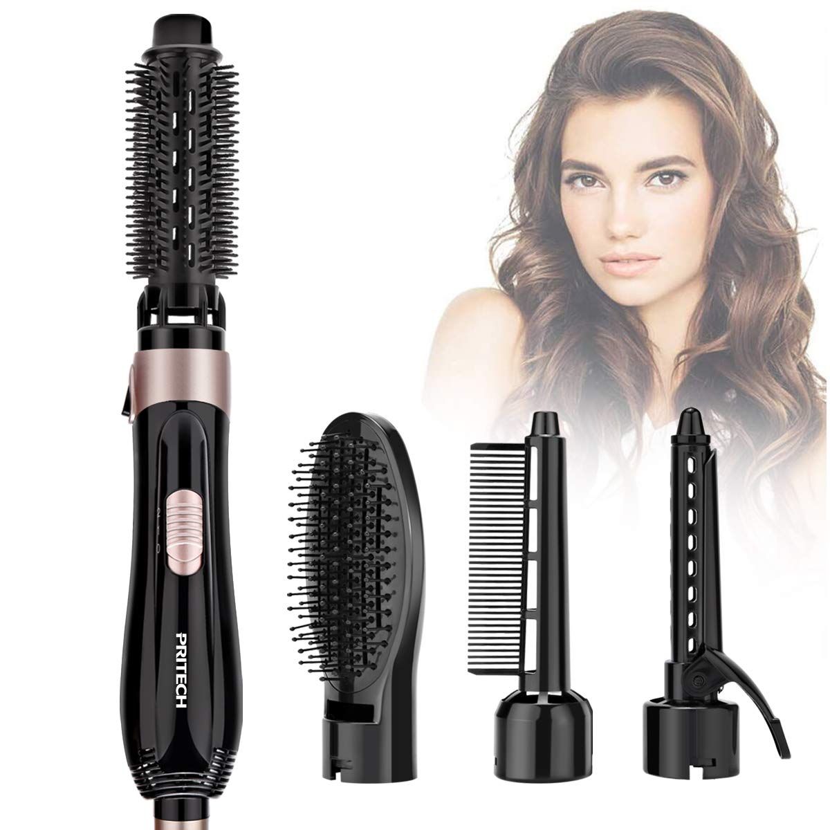 PRITECH Hair Dryer Brush, 4 in 1 Hot Air Brush for All Hair Types, Professional Hair Dryer Straightener & Hair Dryer Styler with Detachable Brush Kit