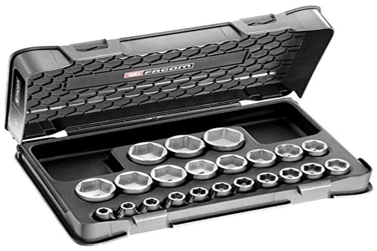 Facom - Set of 1/2 inch 6 Metric Sockets - S.401B - Complete Tool 22 Pieces - Includes 22 Sockets, 1 Pictogram Sheet, 1 Empty Box and 1 Thermoformed Tray - Robust Tools