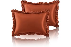 SiinvdaBZX Ruffled Standard Satin Pillowcase Set of 2, Burnt Orange Silky Satin Pillow Cases for Women Ruffle Pillow Shams Covers Princess Room Decoration, with Envelope Closure