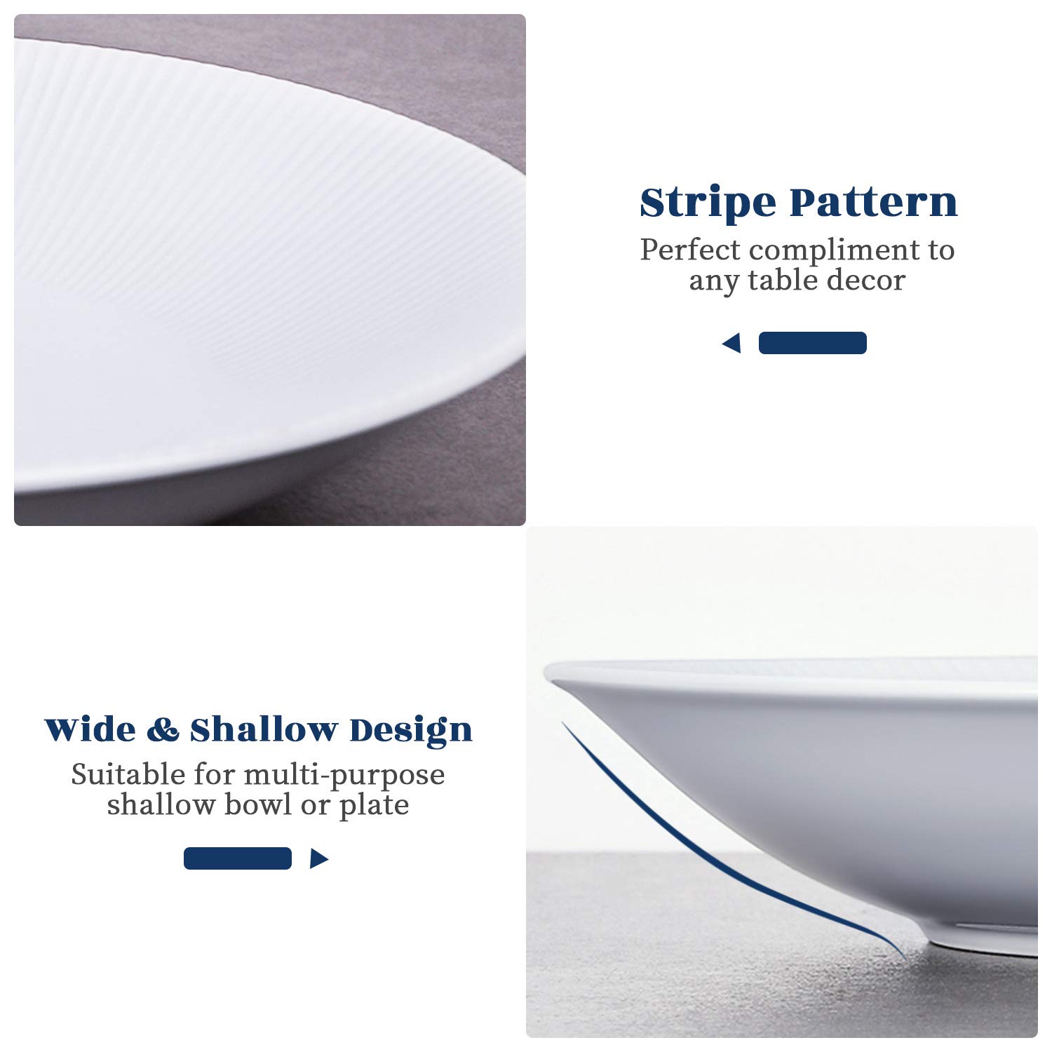 Y YHY 30 Ounces Porcelain Pasta Salad Bowls, 9.6 Inches White Serving Bowls Set, Wide and Shallow, Set of 4, Stripe Pattern