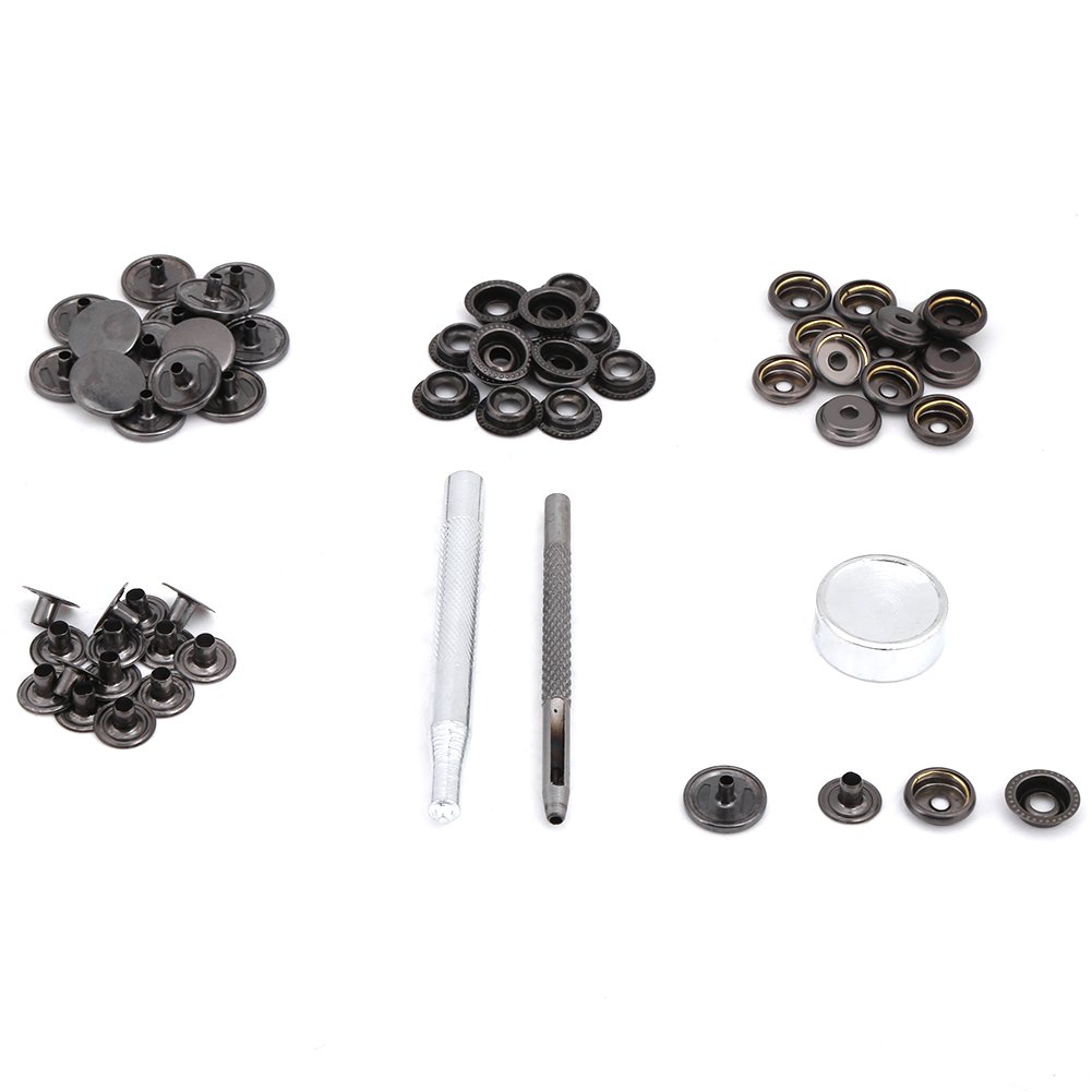 15mm Metal Press Stud Buttons 15 Sets Snap Button Fastener with Tools for Leather Craft Clothes Jacket Bags Repair (Black)