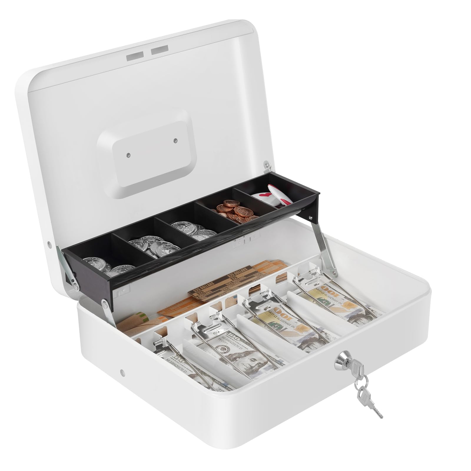 Photo 1 of Cash Box with Money Tray and Key Lock, Large Metal Safe Money Box for Cash, Locking Money Saving Organizer, Lock Box for Money Storage 11.8"x9.45"x3.54" White XL Large