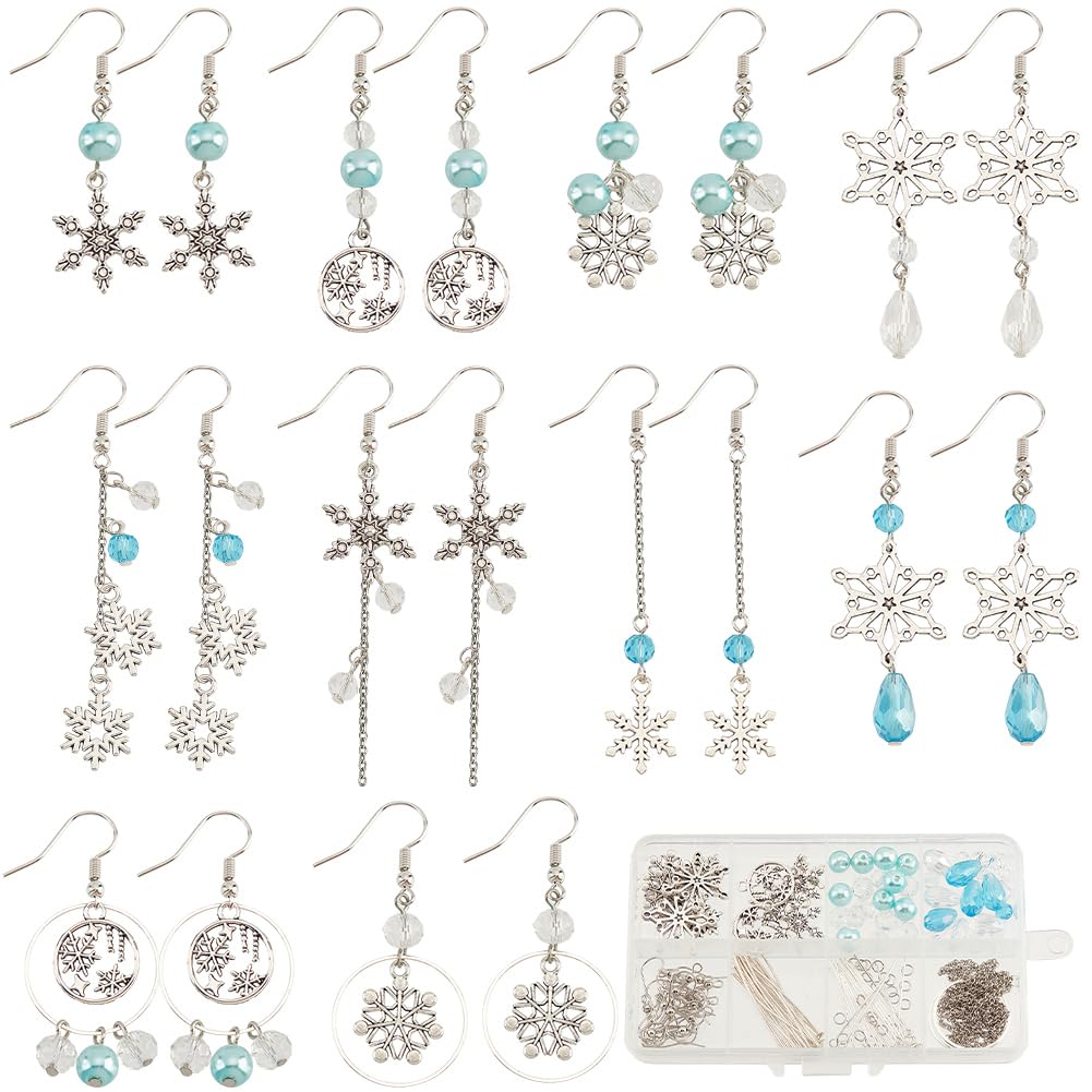 SUNNYCLUE 1 Box DIY 10 Pairs Christmas Charms Earrings Making Kit Antique Silver Snowflake Charms Winter Blue Faceted Glass Beads Linking Rings Dangle Earring Hooks for Jewellery Making Kits Adult